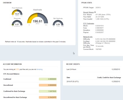 You can see your current hash rate in the dashboard and the number of coins you’ve mined.