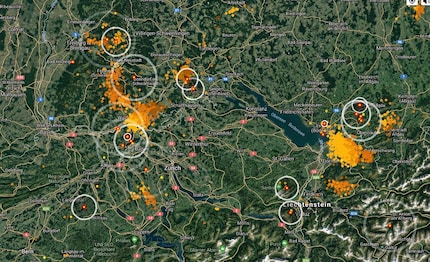 Die Darstellung auf LightningMaps.org: je heller die Farbe, desto weniger lang ist der Blitzeinschlag her