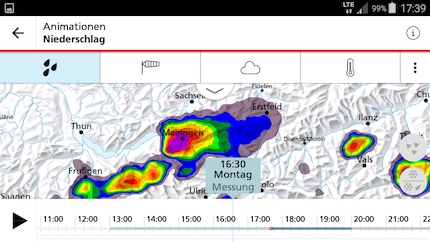 Regenradar der MeteoSchweiz-App am 2. Juli: Über Meiringen geht ein heftiges Gewitter nieder