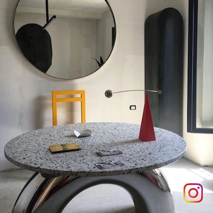Round thing: a table by Lorenzo Cereda in the FuturDome at this year's furniture fair in Milan. Image: @nnburo