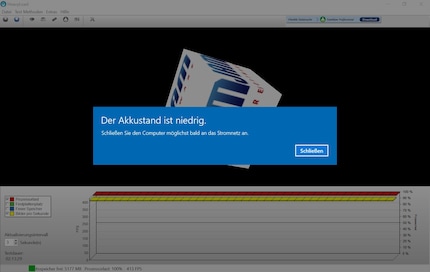 Pour le test avec HeavyLoad, la Surface Go donne l'alerte après 2 heures et 13 minutes. Après 2 minutes supplémentaires, l'appareil s'éteint.