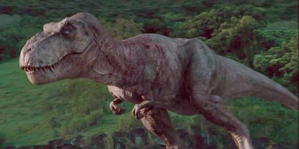 Rexy in «Jurassic World», ma con la combinazione di colori di «Jurassic Park»