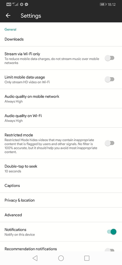 The settings screen visually blends in with the rest of the app