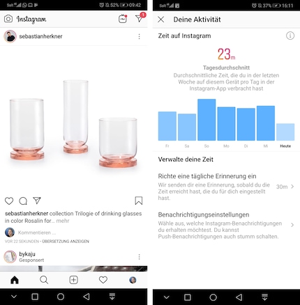 Links: Il mio feed di Instagram. A destra: il tempo medio che trascorro sull'app.