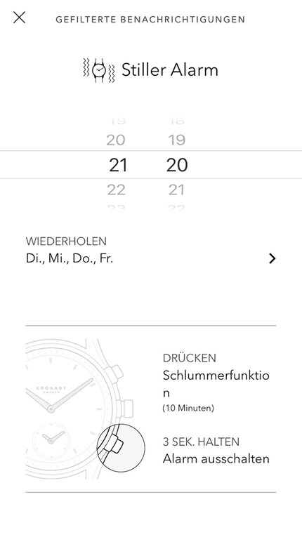 Unter «gefilterte Benachrichtigungen» kannst du deinen stillen Alarm timen.