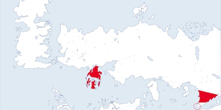 Sinistra: la penisola di Valyria. Destra: Terra delle Ombre. Cerchio rosso: Asshai