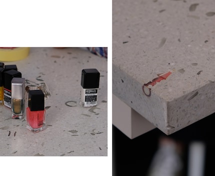 Le studio «Trash2Treasure» a trouvé un moyen de réutiliser de vieux flacons de vernis à ongles qui sont déchiquetés et combinés à un mélange de marbre pour créer des surfaces qui attirent l'attention