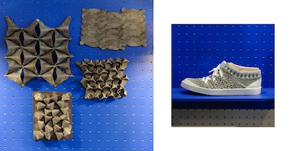 Links: Leder von Hühnerfüssen. Designerin: Meret Wacker und Géraldine Heller.
