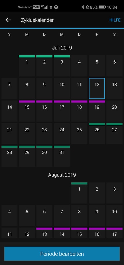 La panoramica del calendario: I giorni fertili sono verdi, il periodo calcolato è rosso.