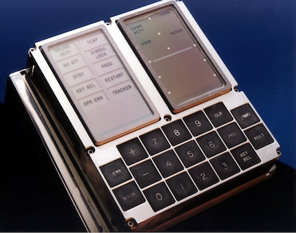 The DSKY control panel, the verb and noun keys are on the far left.