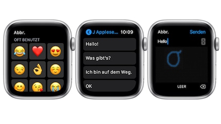 Zum Schreiben von Kurznachrichten hast du mehrere Möglichkeiten: Emojis, vorgegebene Antworten oder kritzeln (von links nach rechts). Bilder: Apple