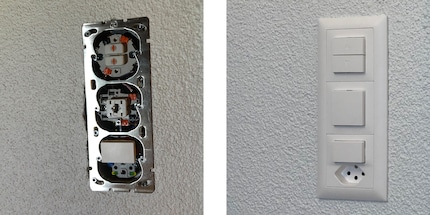 À gauche, l'interrupteur ouvert, à droite les touches recouvertes et la prise.