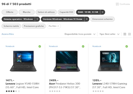 Filtri nella versione desktop
