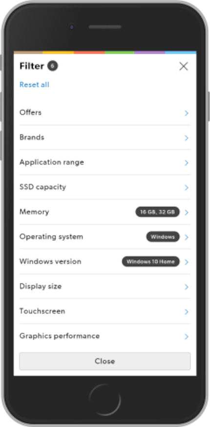 Mobile filter options