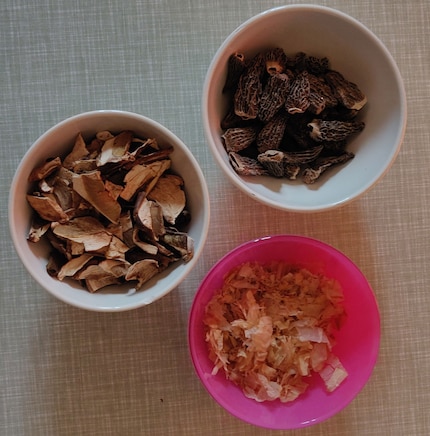 Funghi porcini, spugnole e fiocchi di Bonito