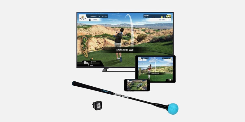 Im Lieferumfang enthalten sind ein Sensor, ein Golfschläger sowie ein USB-Ladekabel.