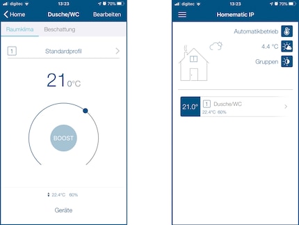 Qui puoi vedere la temperatura di base (21° Celsius), la temperatura attuale (22. 4° Celsius) e l'umidità del riscaldamento.4° Celsius) e l'umidità (60%).