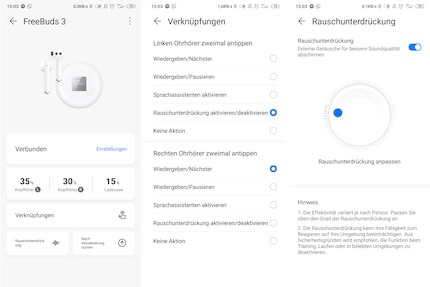 A destra la veduta standard dell’app, nel mezzo puoi impostare quali comandi vengono eseguiti e a sinistra c’è l’impostazione per il Noise Cancelling.
