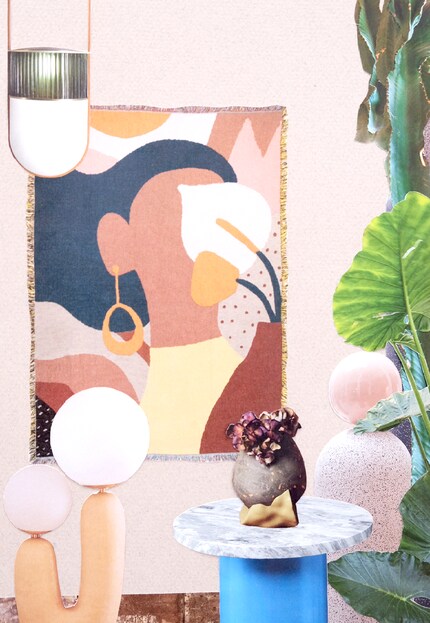 Compilation d'objets tendance conçus par des designers de jeunes studios internationaux : suspension Neri & Hu, tapis mural Slow Design Studio, lampadaire Eny Lee Parker, table d'appoint e15, vase Wang & Söderström et sculptures Note Design Studio.