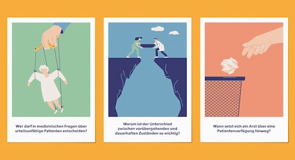 Le illustrazioni di «Rund Um» rompono con l'immaginario spesso spaventoso del settore sanitario. Foto: Selina Fässler