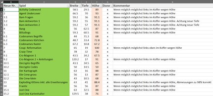 Im Excel habe ich eine Spieleliste mit den exakten Massen und Kommentaren erstellt