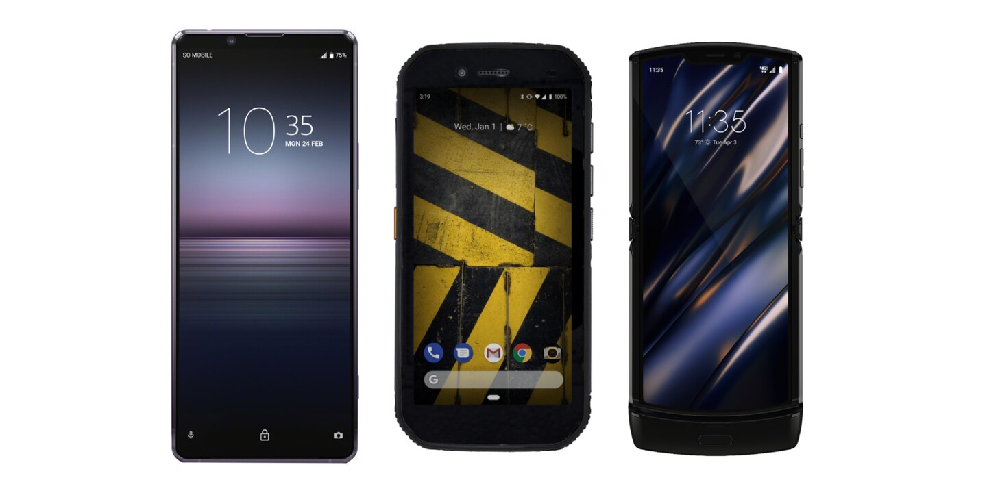 Von links nach rechts: Sony Xperia 1 II, Cat S42 und Motorola Razr
