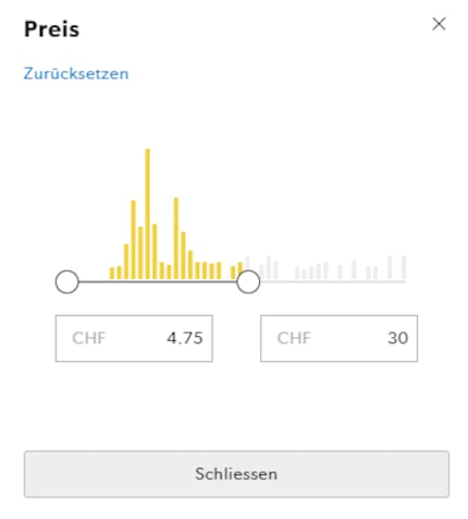 The yellow bars show you the distribution of products for the price