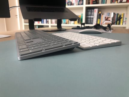 The slope of the Surface Keyboard is a bit more pronounced than that of my Magic Keyboard.