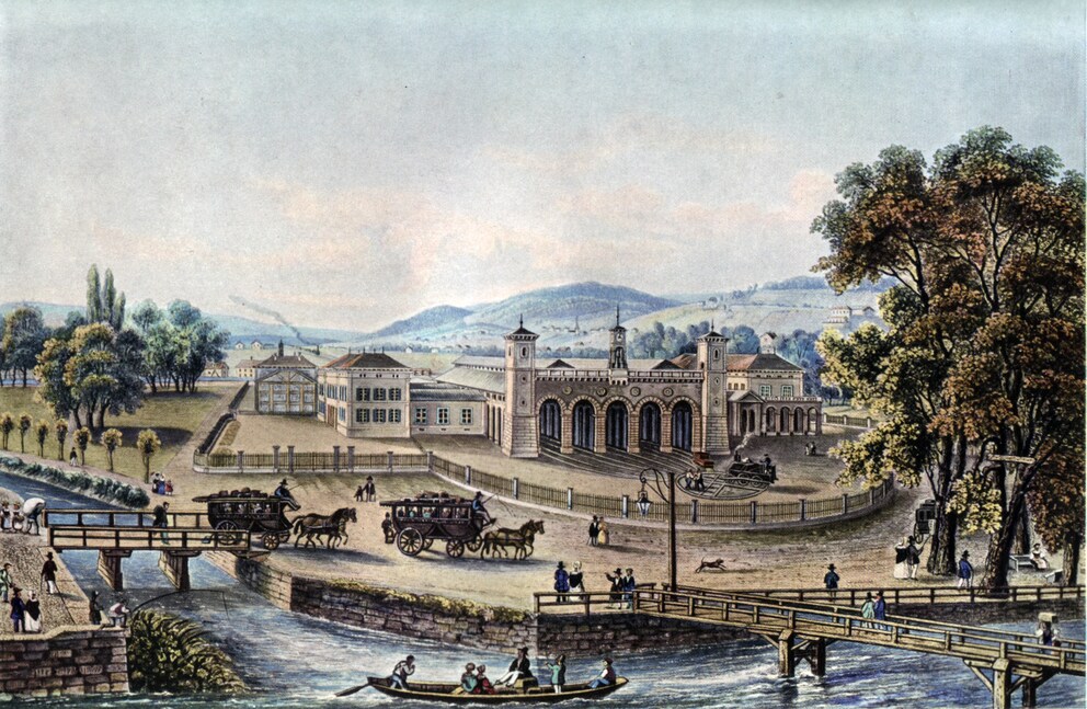 Der fertige Bahnhof 1847 mit der Lokdrehscheibe. Dort ist heute die Tramhaltestelle.