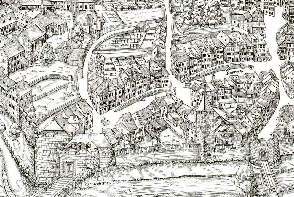 Das «Rennwegerthor» auf dem Murerplan von 1576. Rechts unten das Augustinerbollwerk.