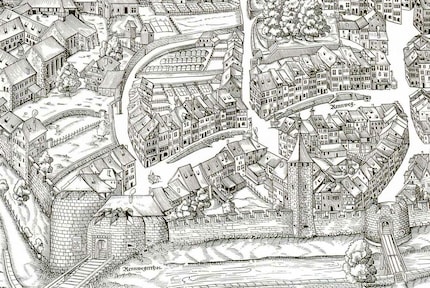 Das «Rennwegerthor» auf dem Murerplan von 1576. Rechts unten das Augustinerbollwerk.