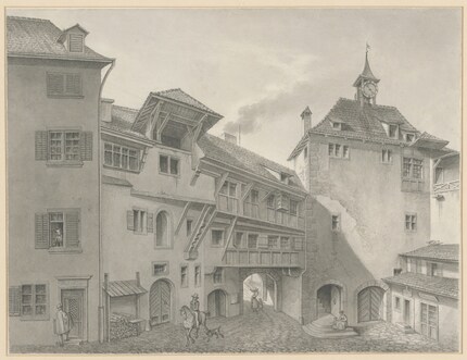Die Rückseite des Rennwegtors, wohl nach 1789, nachdem es eine richtige Brücke über den Fröschengraben erhalten hatte, sowie unten die heutige Situation.