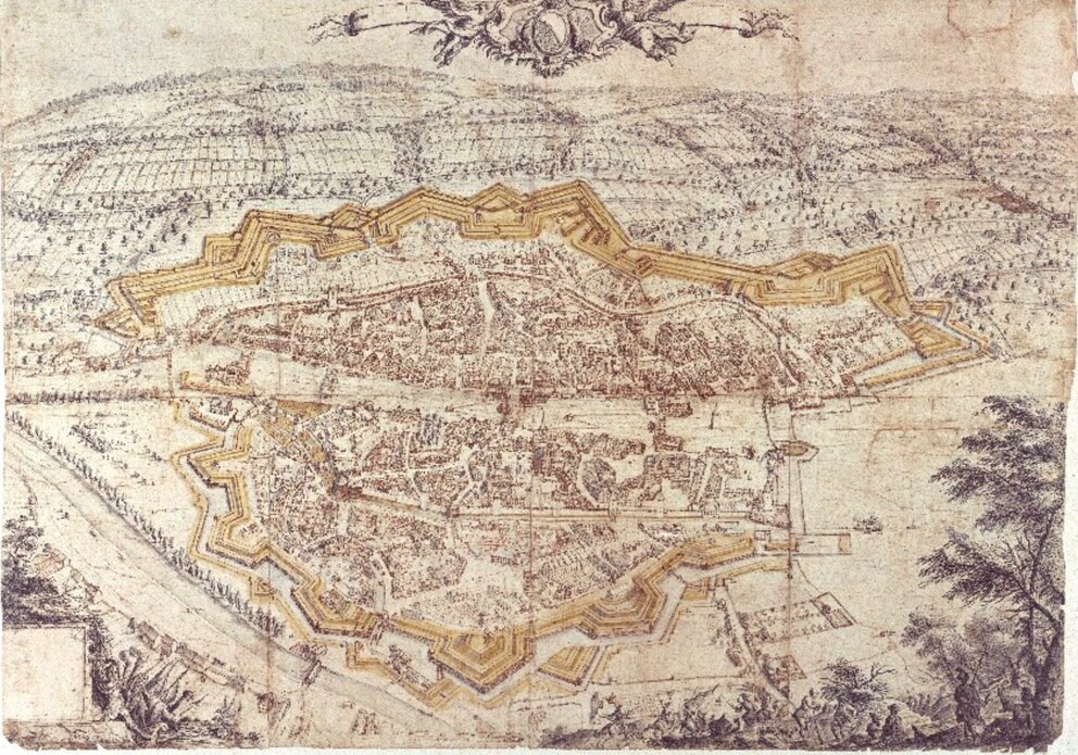 Die Planvedute von Johann Caspar Ulinger, 1738. Die 3. Befestigung ist hier noch deutlicher zu erkennen.