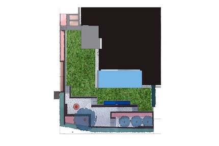 Plan du jardin : en vert la pelouse, dont la surface est d'environ 90 mètres carrés.