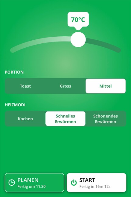 This is what the app looks like: the unit warmed up my medium parmigiana portion in just under 16 minutes.
