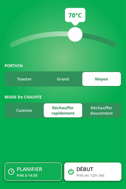 Dans l'appli : l'appareil réchauffe ma portion moyenne de parmigiana en 16 minutes.