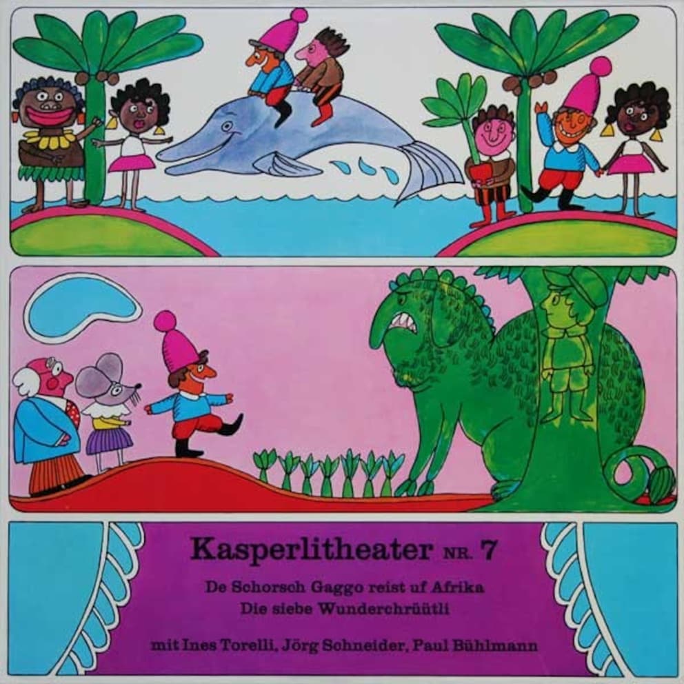 Kasperli und Schorsch besuchen Schwarze Menschen, die der Grafiker Heinz Stieger für jene Zeit typisch dargestellt hat: mit riesigem Krauskopf und dicken roten Lippen.