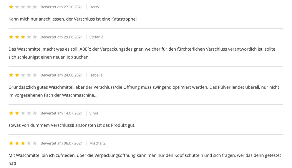 Bewertungen zu einem Waschpulver unserer Konkurrenz, das ich selbst benutze.