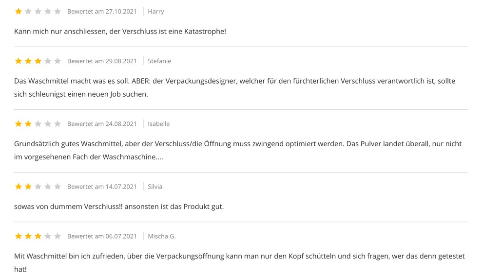 Bewertungen zu einem Waschpulver unserer Konkurrenz, das ich selbst benutze.