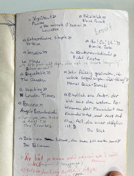 Moche, mais marquant : ce texte écrit à la main sur la quatrième de couverture du livre d’Émile Zola « Thérèse Raquin », ouvrage que j’ai dû lire en cours de français.