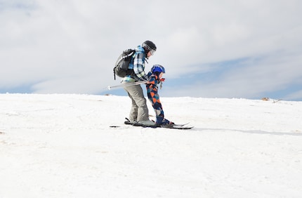 With their offspring between their skis, they slide downhill.