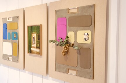 Photos and natural elements create a contrast with the straight-edged leather patches.