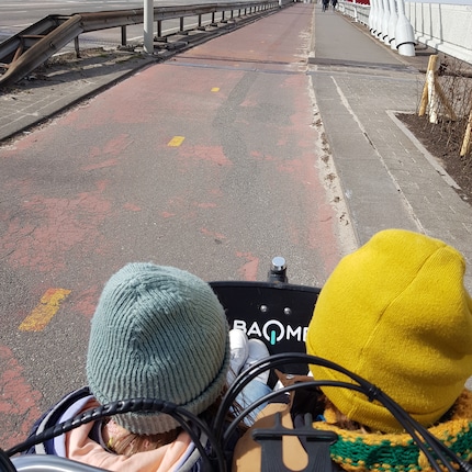 I miei figli si sono goduti il giro di Rotterdam nella Cargobike – solo con i loro berretti.