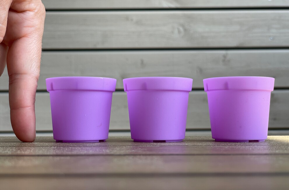 Mignons, mais minuscules : les petits pots violets sont beaucoup plus petits que ce que je pensais.