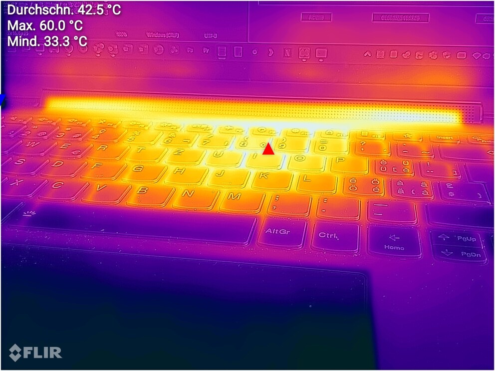 Le boîtier du Lenovo Yoga 9i atteint une température de 60 °C à l'endroit le plus chaud à côté de la touche 8 lorsque le CPU est utilisé en permanence.