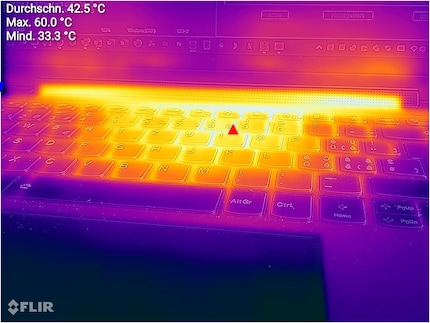 Das Gehäuse des Lenovo Yoga 9i wird bei dauerhafter Auslastung der CPU an der wärmsten Stelle neben der 8-Taste 60 °C warm.