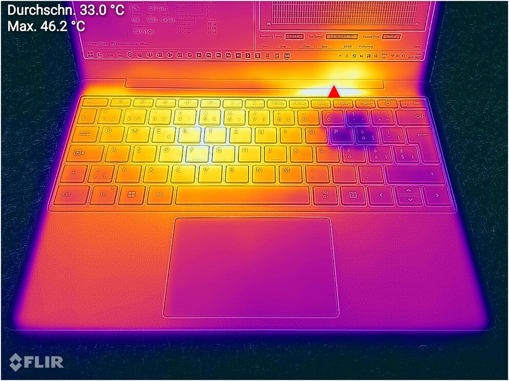 Le boîtier du Microsoft Surface Laptop Go 2 atteint une température de 46,2 degrés Celsius à l'endroit le plus chaud lorsque le CPU est utilisé en permanence.