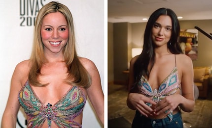 Mariah Carey nel 2000 con il suo ormai leggendario top a farfalla. A destra, la cantante Dua Lipa nel 2022 nella sua versione Y2K.