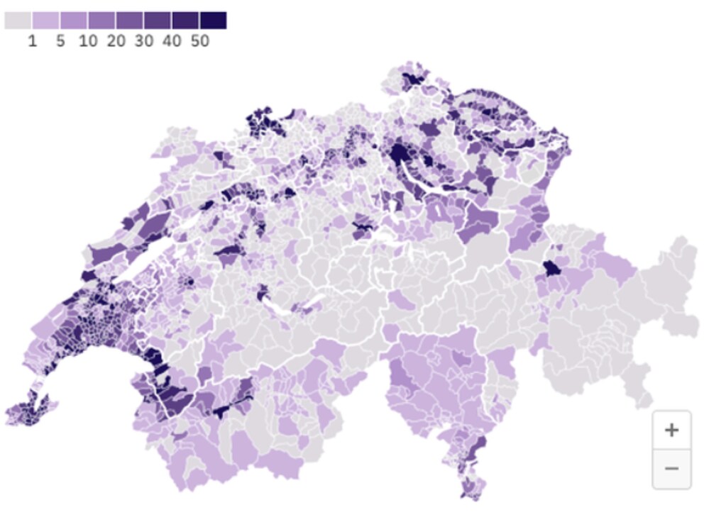 Anteil Wohngebäude mit Gasheizungen pro Gemeinde, in Prozent. Grafik: Watson, Quelle: Bundesamt für Statistik (BFS)