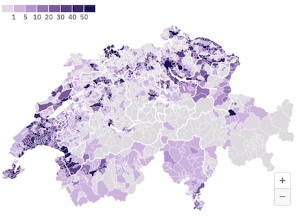 Anteil Wohngebäude mit Gasheizungen pro Gemeinde, in Prozent. Grafik: Watson, Quelle: Bundesamt für Statistik (BFS)